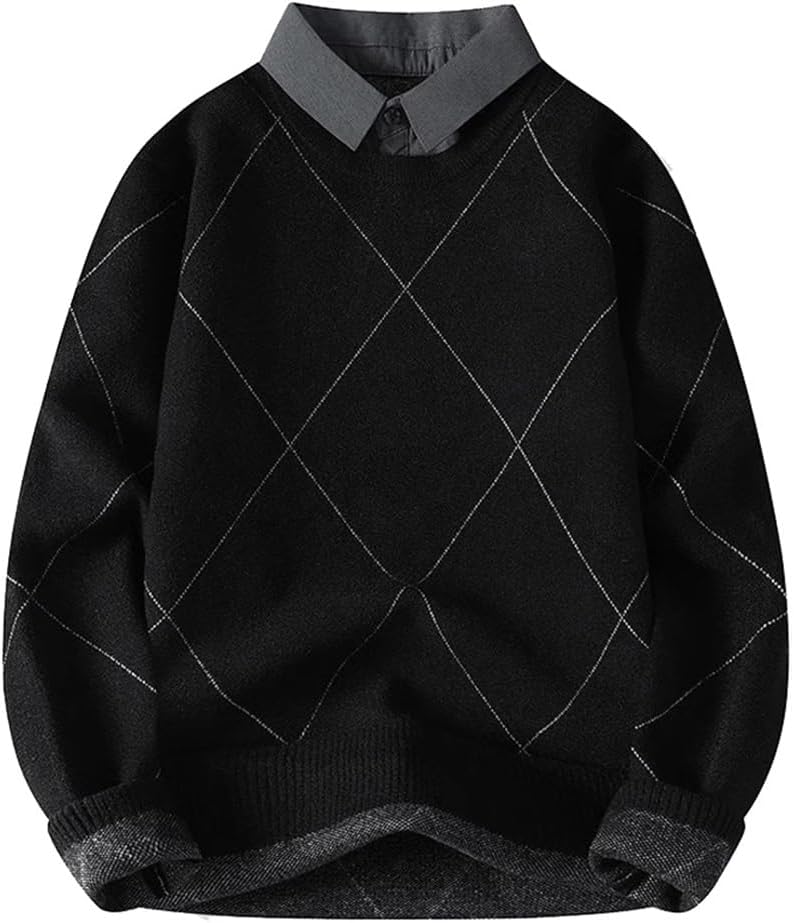 Shirt Men's Long Sleeved Autumn and Winter Vacation Two-Piece Coat with Sweater Lining Shirt Collar Knit Sweater(Medium)