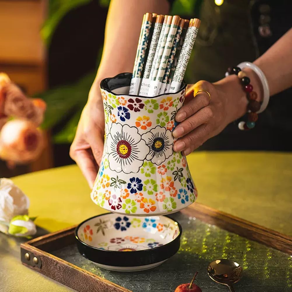 WAYUTO Ceramic Kitchen Utensil Holder Multi-functional Large Capacity Utensil Storage Crock Decorative Vase for Dried Flower with Embossed Three-dimensional Flower Design for Kitchen Decor Blue