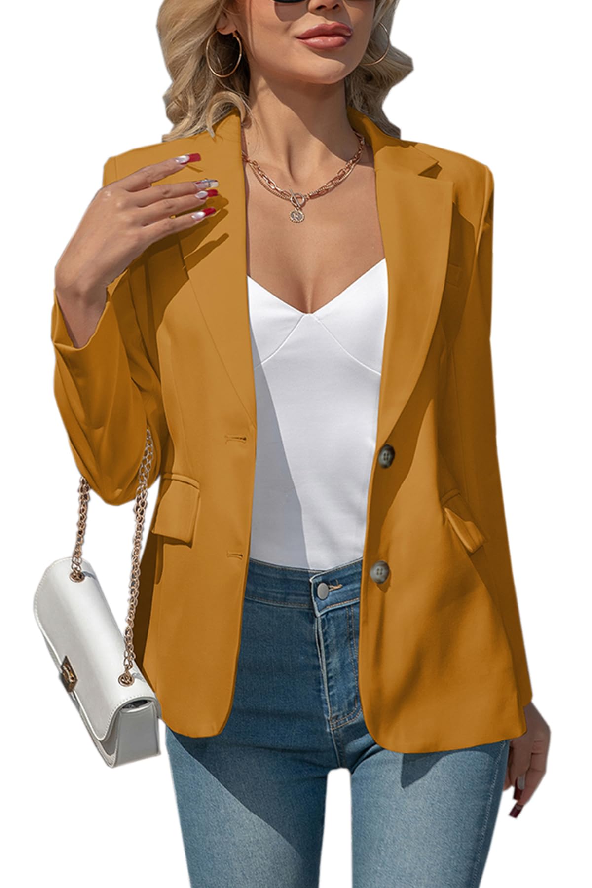 Womens Blazers Business Casual Padded Shoulder Blazer - Long Sleeve Slim Fit Work Office Suit Jackets with Pockets