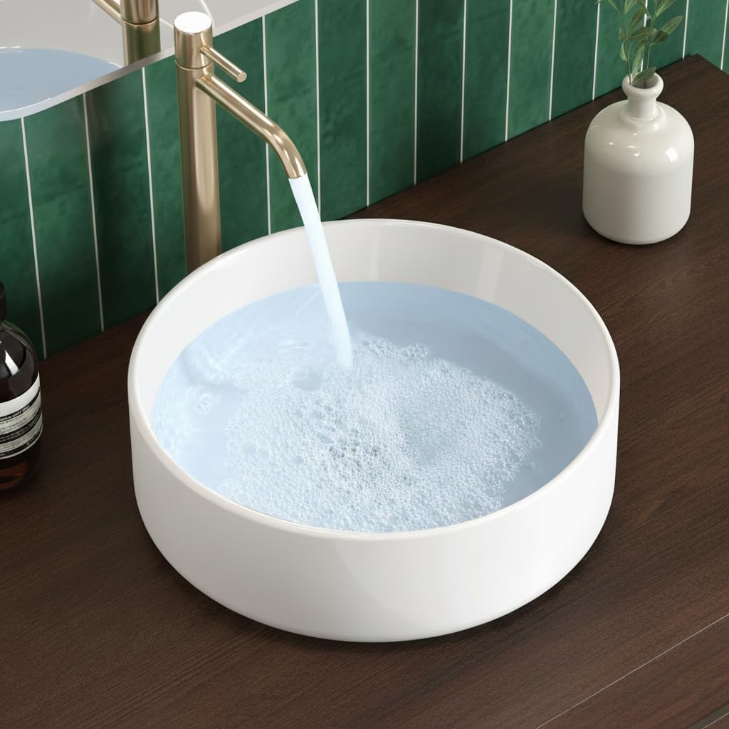 KES Round Vessel Sink, Bowl Sinks for Bathrooms 16 Inch Sink Bowl Above Counter Small Circular White Ceramic Vessel Sink Countertop for Cabinet Lavatory Vanity, BVS121