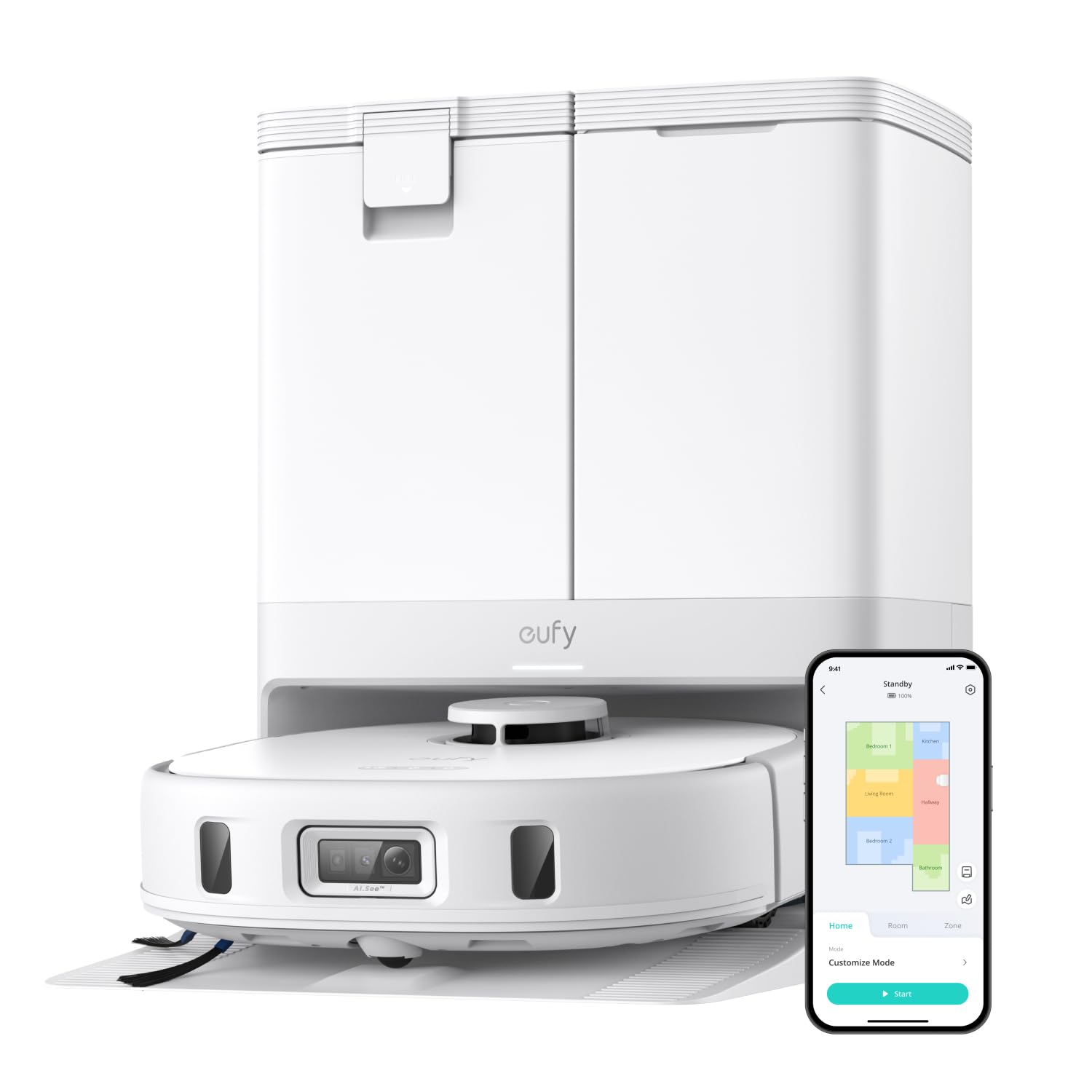 Eufy X10 Pro Omni Robot Aspirador con Detección de Alfombras y Limpieza Automática para Hogares Blancos