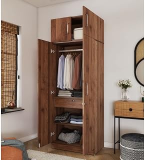 Wakefit Wardrobe for Bedroom | 1 Yr Warranty | Cupboard for Bedroom, Almirah, Wooden Wardrobe, Multi-Shelves with Mirror, Drawer & Hanger, Density:680–750 kg/m³, Free Installation (Gingham - CW)