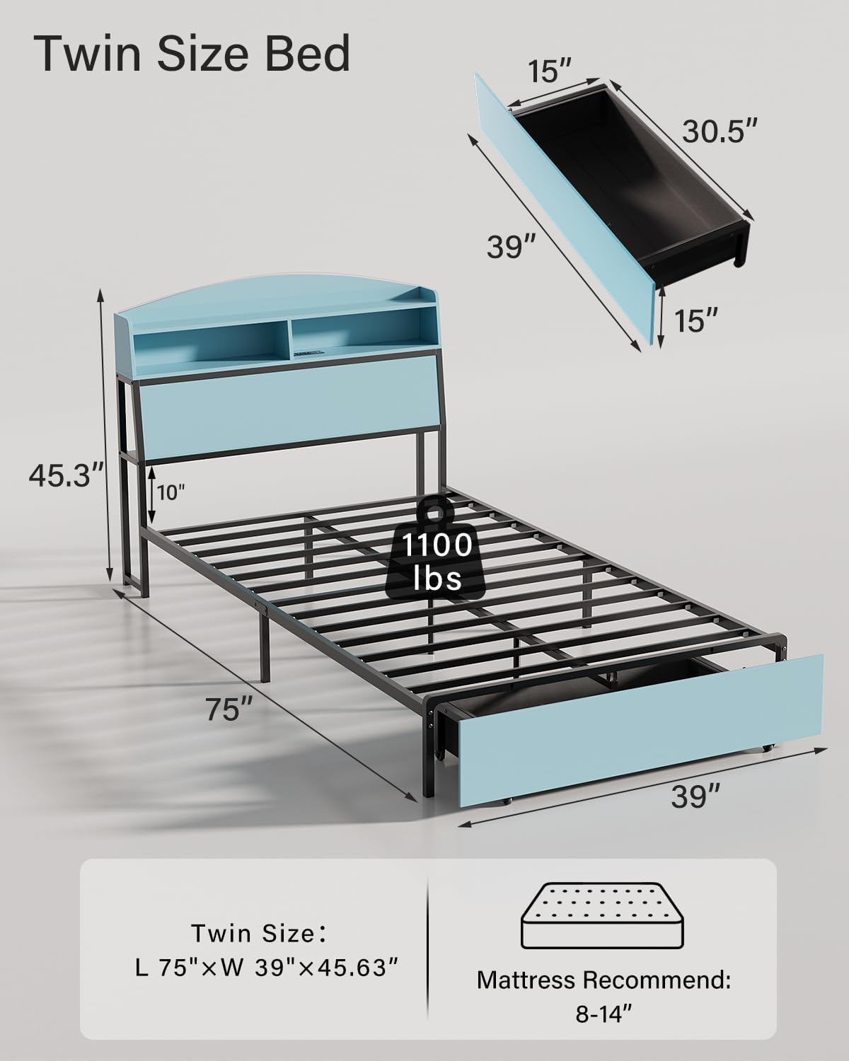 Twin Bed Frame with Storage Headboard & Drawer, 3-in-1 Charging Station, Sturdy Metal Frame, No Box Spring Needed, Noise-Free, Non-Slip Design – Ideal for Kids, Teens, or Guest Room (Blue & Black)