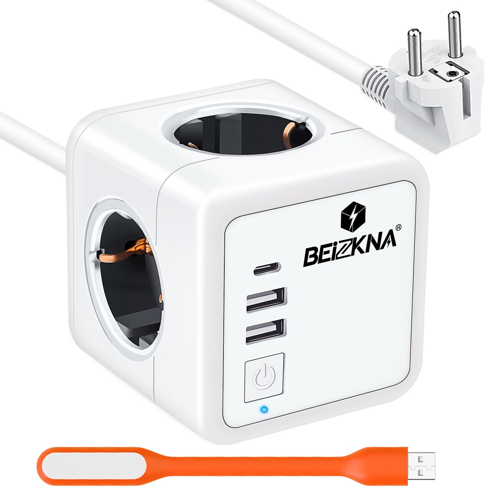 USB Steckdose Würfel 3680W Mehrfachsteckdose Cube Steckdosenleiste mit USB C, 4 Fach Steckdosenwürfel 3 USB mit Schalter, 7 in 1 Steckdosenadapter 1,5m Kabel Powercube für Hause Büro Reise