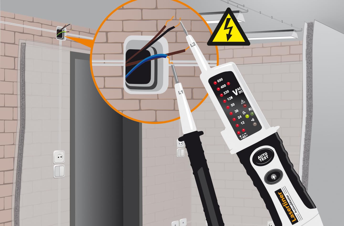 Laserliner ActiveMaster, tester napięcia, 12-690 V AC/DC, dwubiegunowy tester z testem pola obrotowego, wskazaniem faz, testem ciągłości, skala LED, autotest, IP64