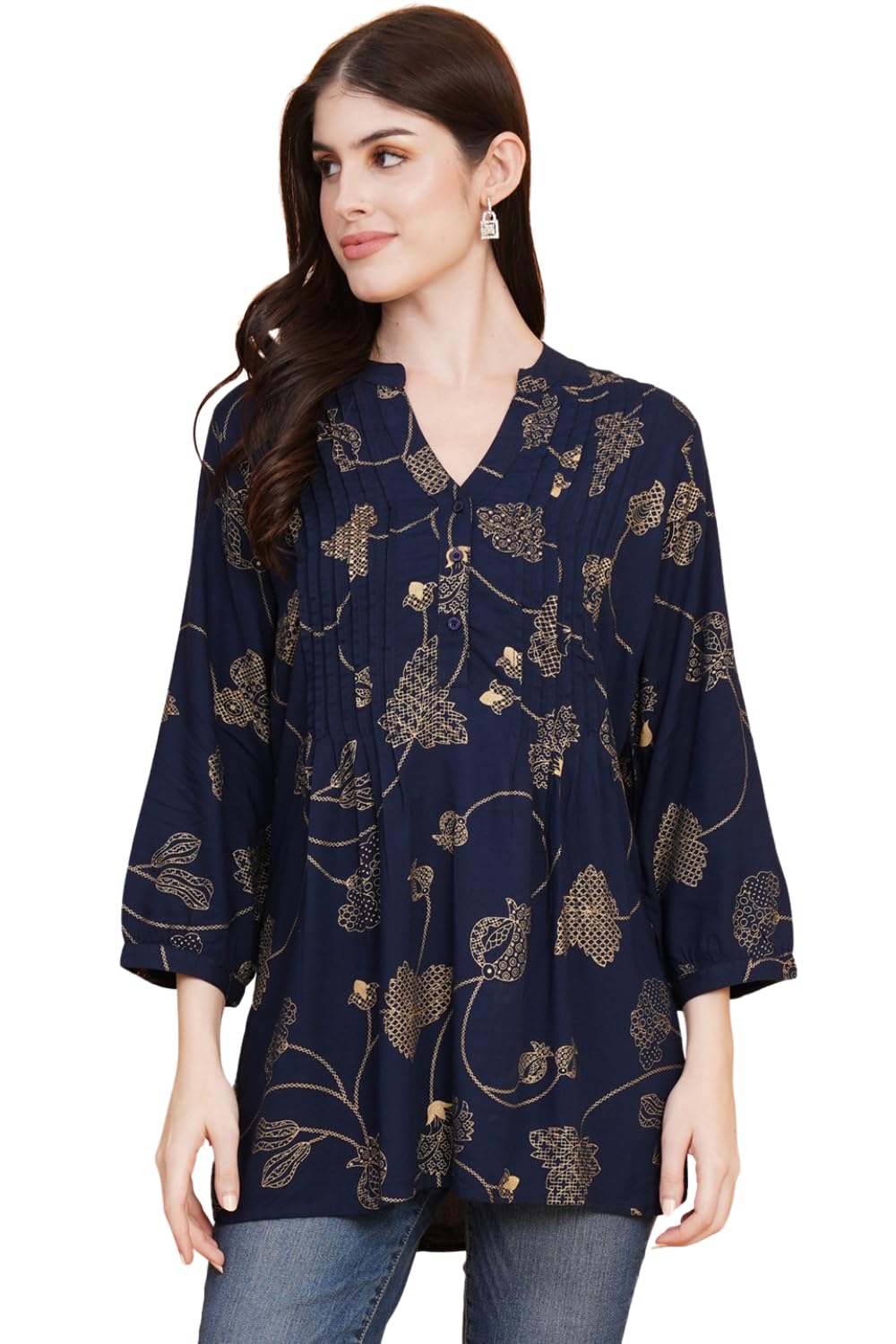 Women All-Over Print Mandarin Collar Pintuck Plus Size Tunic