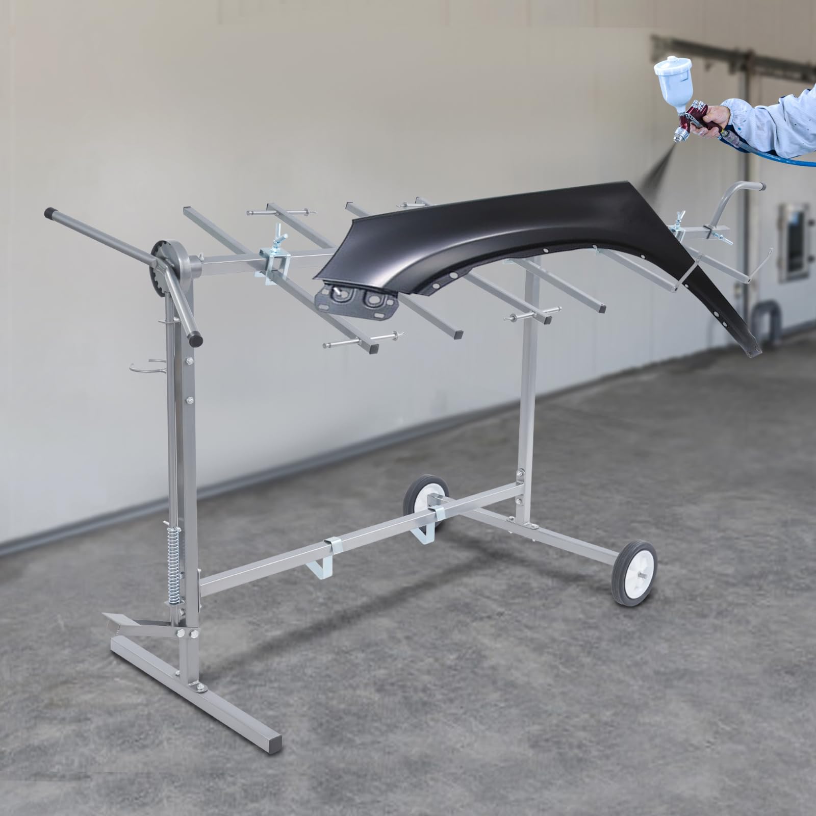 Auto Body Paint Rack with 2 Wheels & 6 Hooks 360° Rotatable Car Body Paint Rack Panel Tree Bracket Heavy Duty Auto Paint Stand Panel Holder for Car Bumpers Fenders Doors Hoods, 440.92lbs Load-bearing