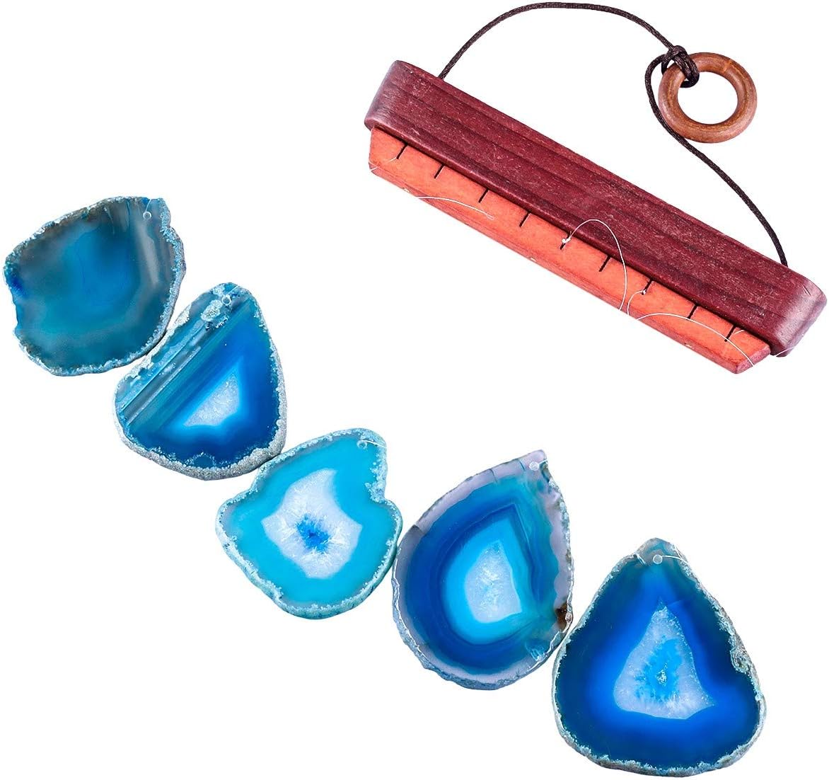 SUNYIK Handmade Natural Agate Slice Wind Chime for Garden Home Decor Window Ornament, Crossbar Wood, Blue, 13-19 Inches