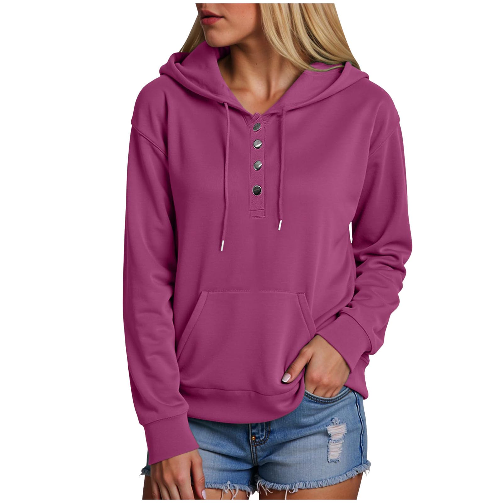 Felpa con Cappuccio da Donna, Tinta Unita, con Scollo a V, Bottoni, Coulisse e Tasche Anteriori, alla Moda Autunno e Inverno Felpe Sportive Offerta