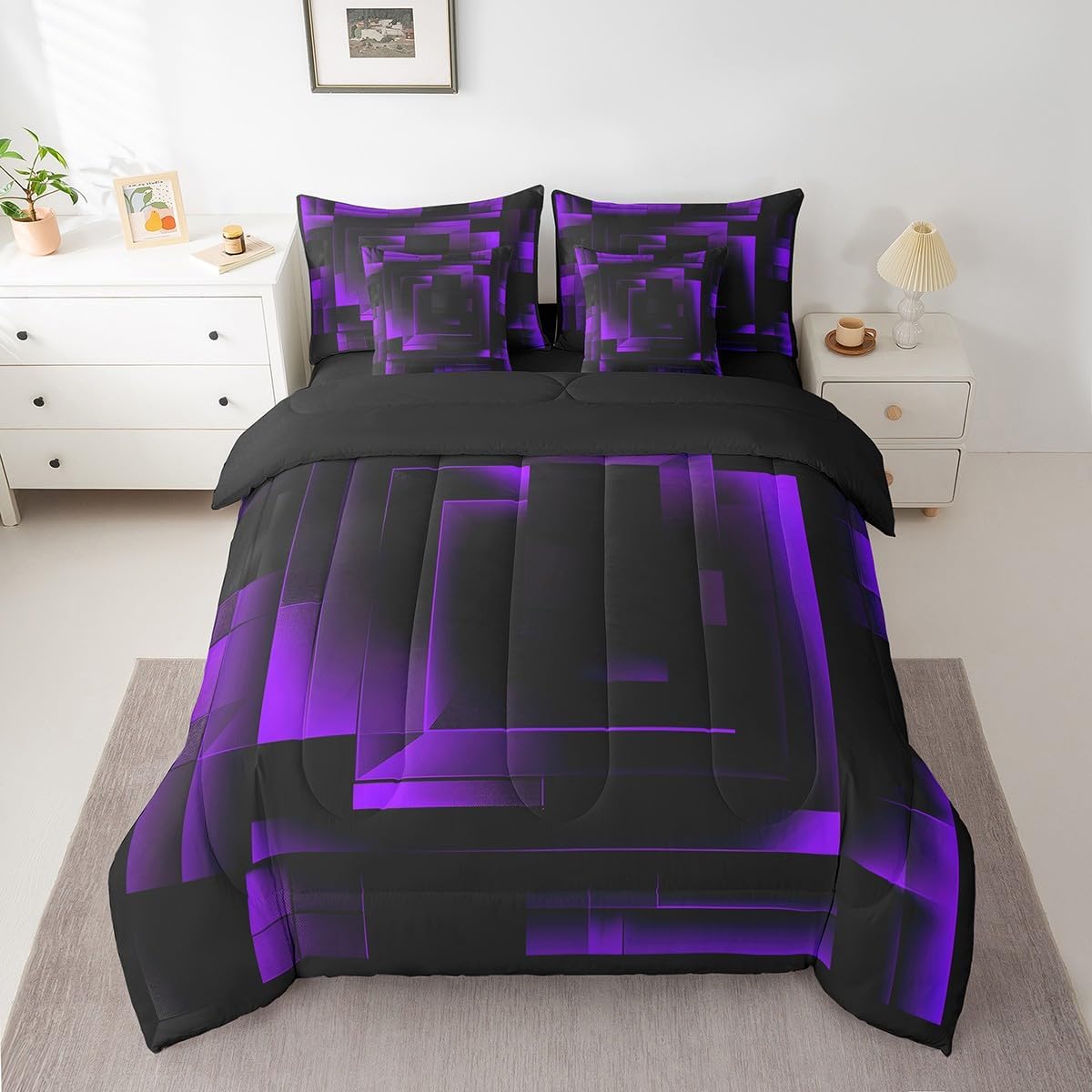 7 Pieces Purple Abstract Comforter Set King Size, Geometric Square Grid Bedding Set for Kids Boys Girls Room Decor, Purple and Black Lattice 7pcs Bed in a Bag with Comforter, Sheets and Pillow Cases