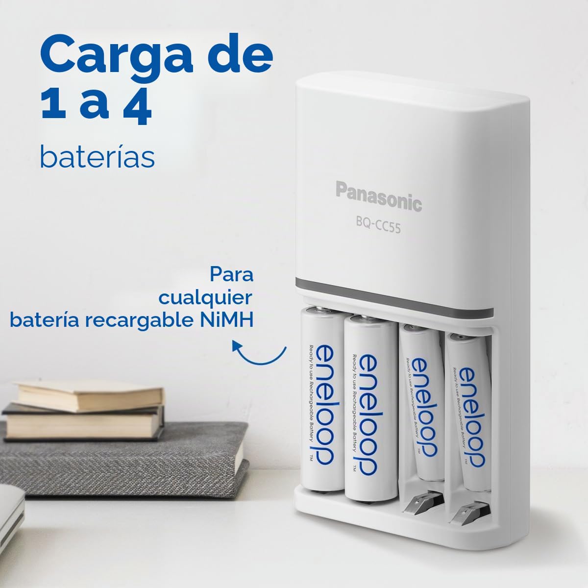 Panasonic eneloop Cargador SmartPlus para 1-4 baterías AA/AAA Ni-MH, 4 indicadores LED, 10 características de seguridad, 4 baterías eneloop AA/Mignon, capacidad min. 2000