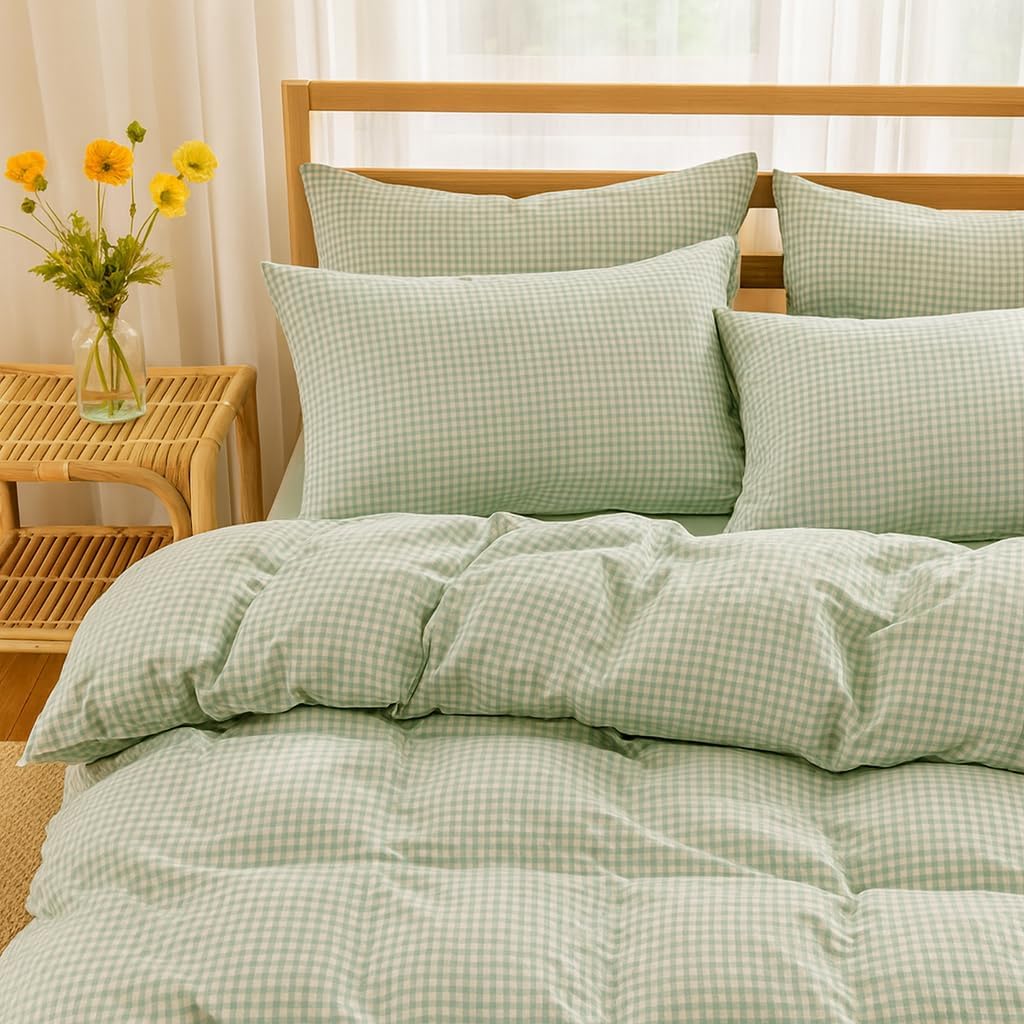 Green Checkered Duvet Cover Set Full Size Plaid Grid Comforter Cover 100% Washed Cotton Bedding Set Ultra Soft Breathable Quilt Set Lightweight Cozy Farmhouse Bedroom Modern Rustic Decor All Seasons