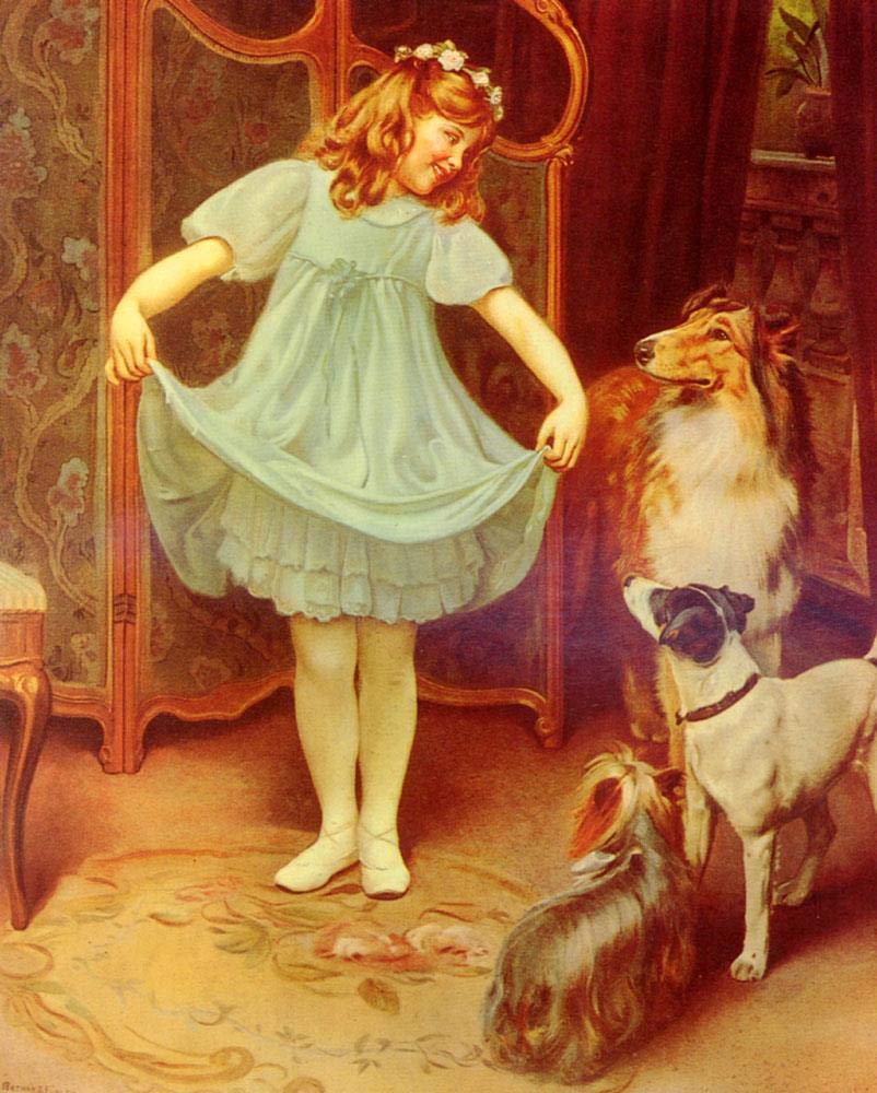 Berühmtes Ölgemälde, Das neue Kleid, kleines Mädchen, Kind, Hund, Haustier, Arthur John Elsley, handgefertigte Kunstgemälde auf Leinwand, Größe 04, €50-2000, handgemalt von Lehrern der Kunstakademien