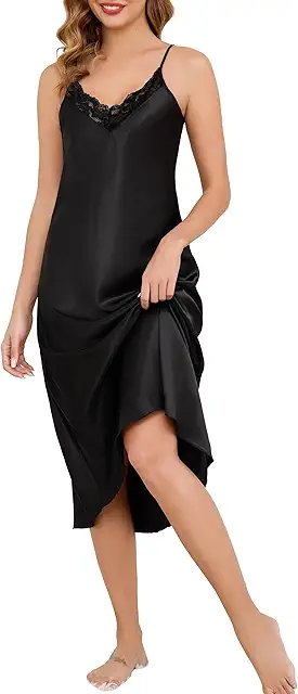 Camisón de Satén Largo Sexy para Mujeres con Encaje y Tirantes Ajustables - S-XXL