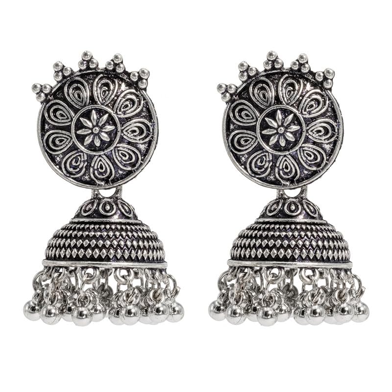 Shining Jewel Traditional Indian Matte Silver Oxidised Studded Jhumka Earring For Women-Silver (SJE_154_S)