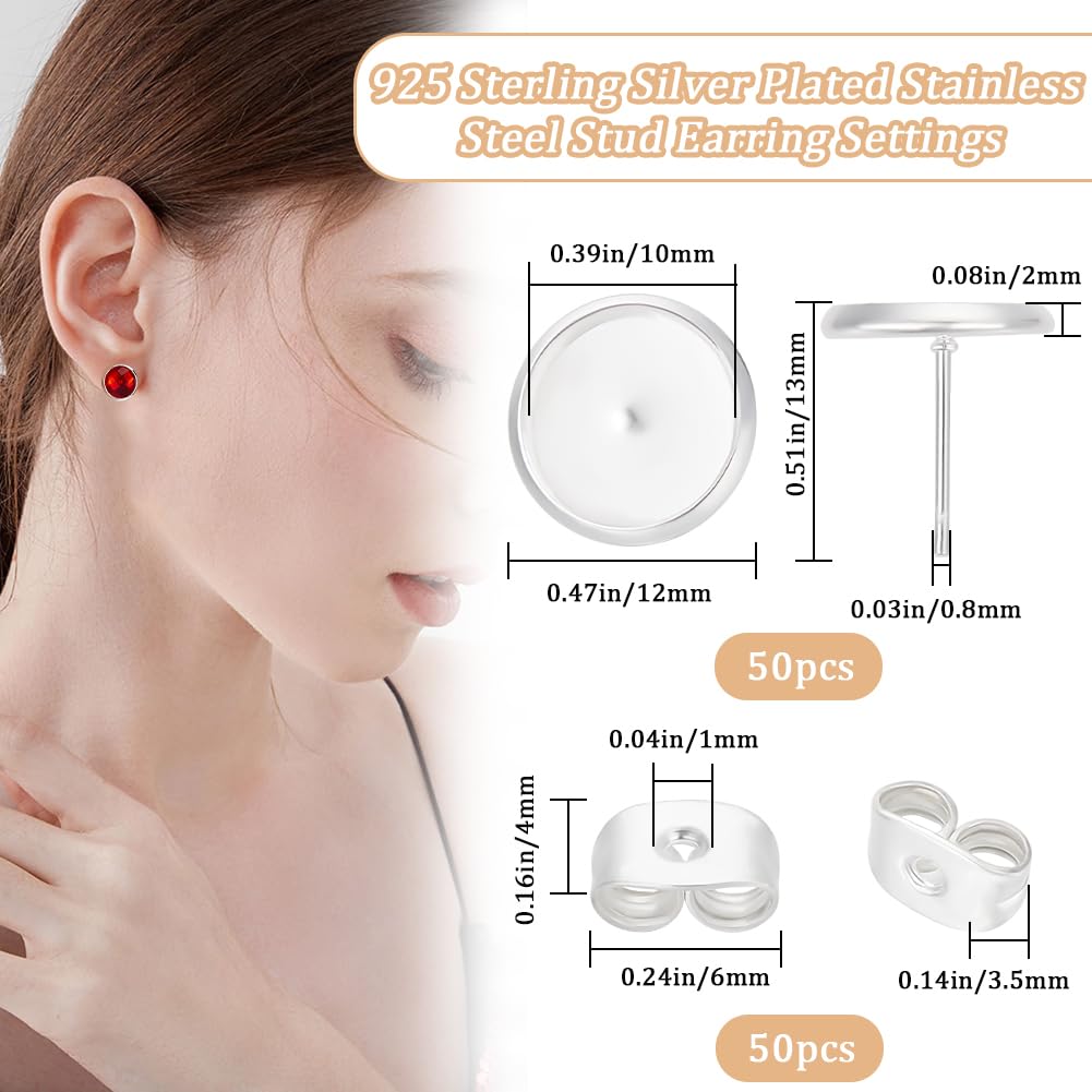 Beebeecraft 1 scatola Da 50 pezzi di Orecni A Perno con Castone Vuoto 304 cabochon per Orecni A Perno In Acciaio Inossidabile con Anello per La Creazione di Orecni Fai Da Te