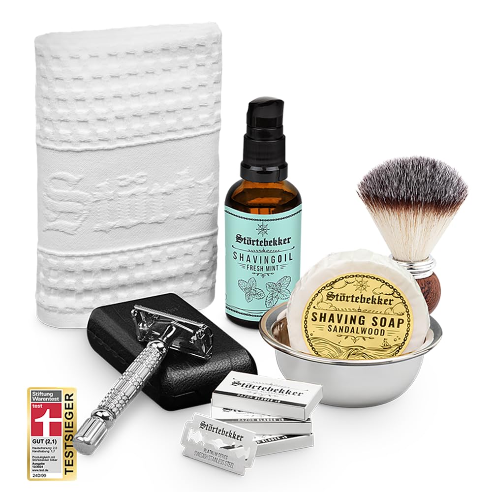 Störtebekker® Premium zestaw do pielęgnacji golenia – w zestawie maszynka do golenia, etui, pędzel do golenia, mydło do golenia, tacka do golenia, olejek do golenia i ściereczka do golenia – wysokiej