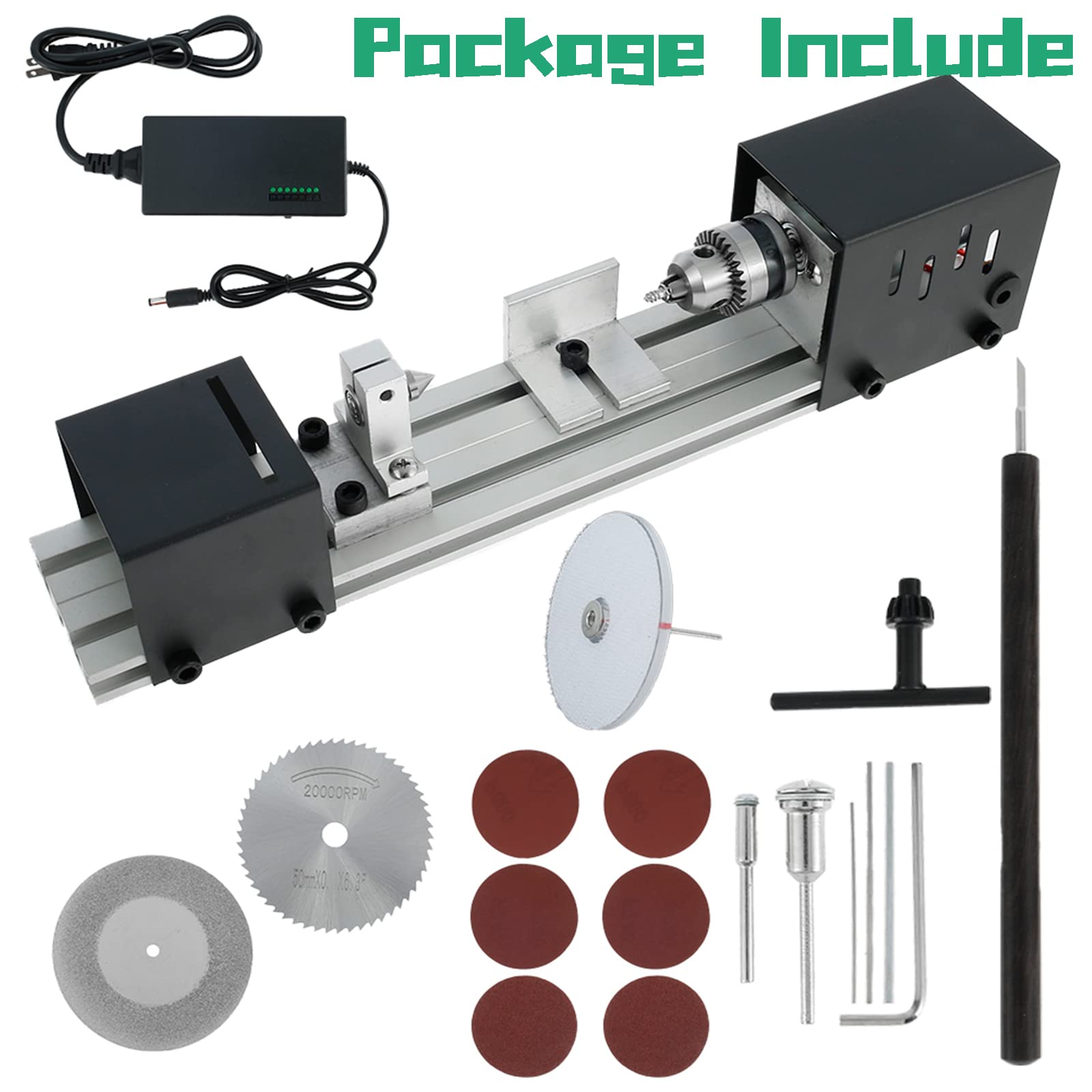 Mini Torno para Madera, Mini Torno de 100 W, Juego estándar for Bricolaje, carpintería, Pulido, taladrado y fresado.