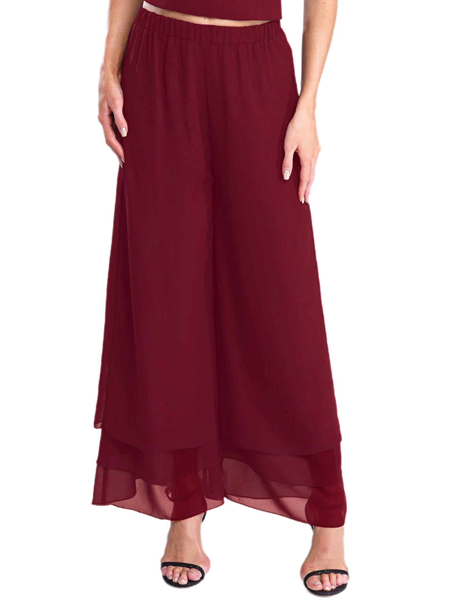 JEYPINMI Womens Chiffon Wide Leg Palazzo Pants High Elastic Waist Casual Flowy Double Layer Trousers
