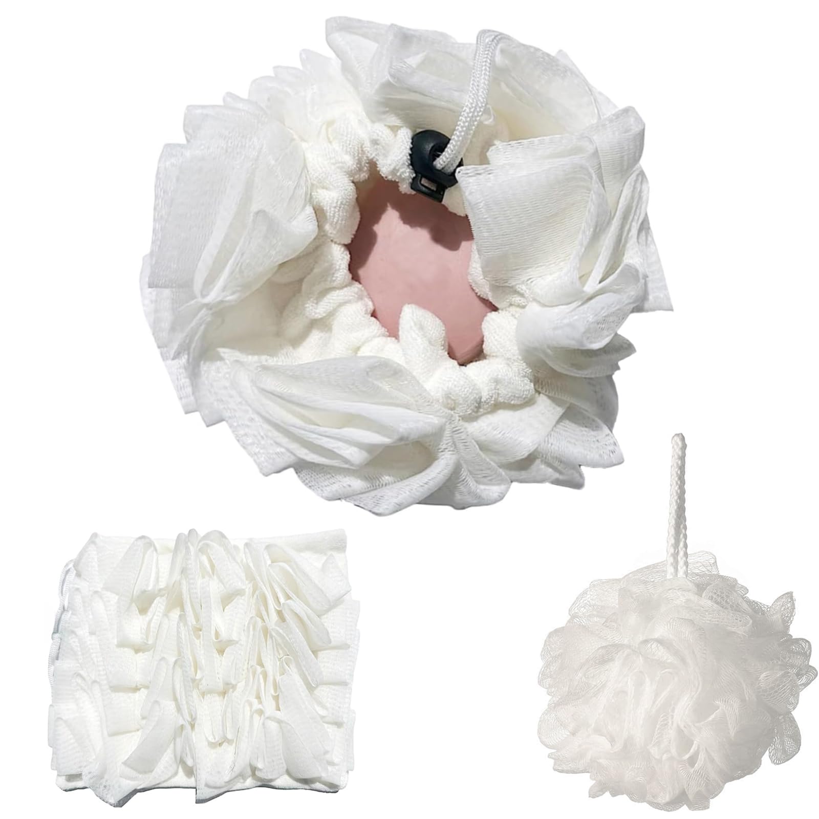 2 in 1 Bath Soap Sponge Body Shower Mesh Pouf Bath Spong Exfoliating loofah Sponge Drawstring Wrapped Soap Shower Ball for Bath Supplies