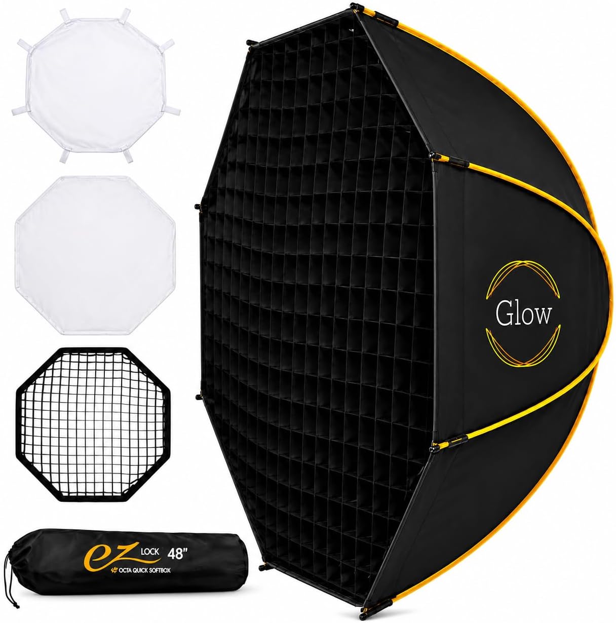 Glow EZ Lock 60" Octagon Softbox for Bowens-Mount Lights, Silver Interior, Dual Diffusers, Eggcrate Grid, Deflector Disc & Carry Bag, Compatible with Godox, NEEWER & Aputure, 1 Year Limited Warranty