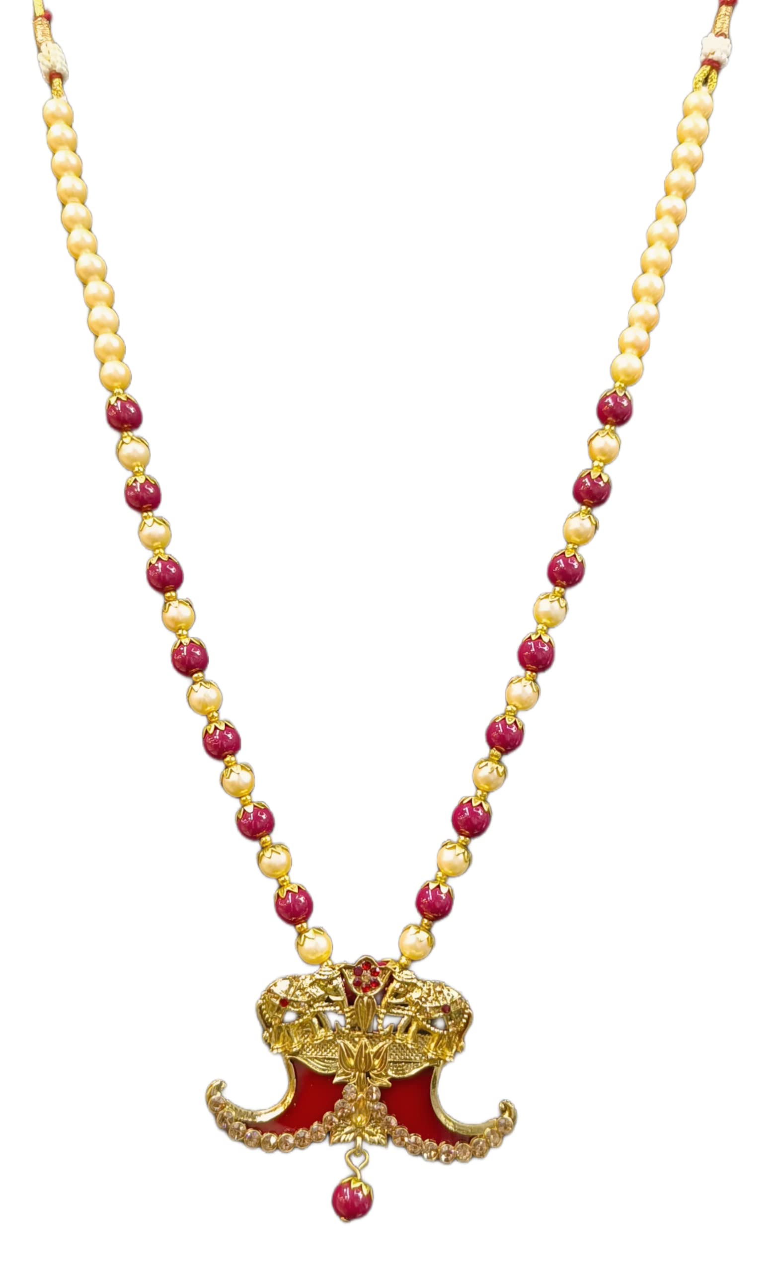 Puli Goru Golden & Maroon Pendents & Perl Mala, With Adjustable Cord For Men
