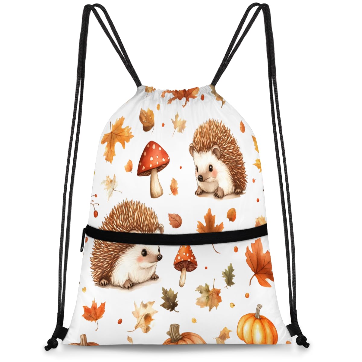 QsirBC Fall Hedgehog Fun Drawstring Bag for Men &amp; Women, Gym Sports Backpack with Zipper Pocket, Lightweight String Sackpack for Travel, Running, Hiking, Workout