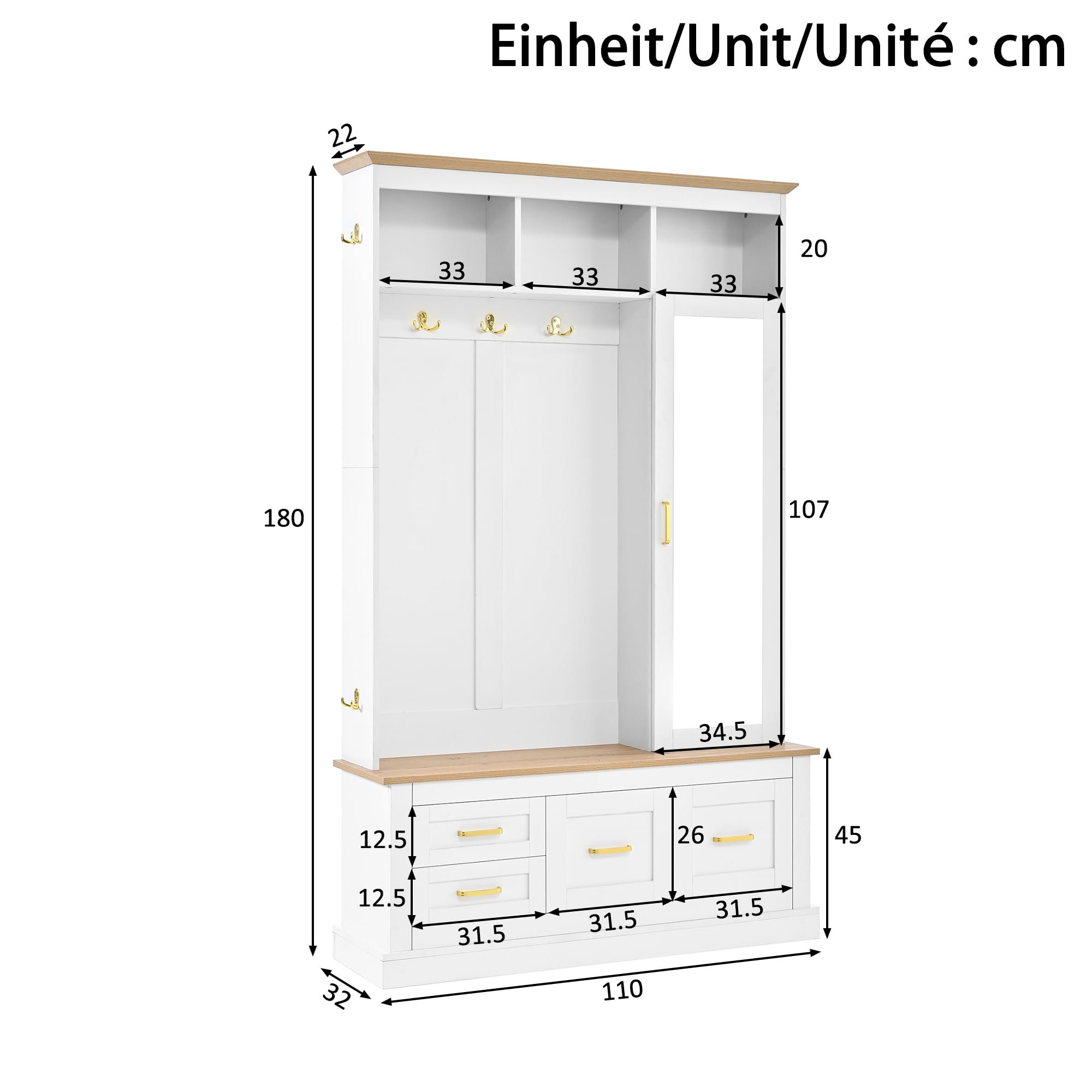 Perchero compacto con espejo, banco, zapatero, gancho, perchero, cómoda con puerta de espejo, juego de muebles de pasillo, armario para pasillo, armario para pasillo, color blanco