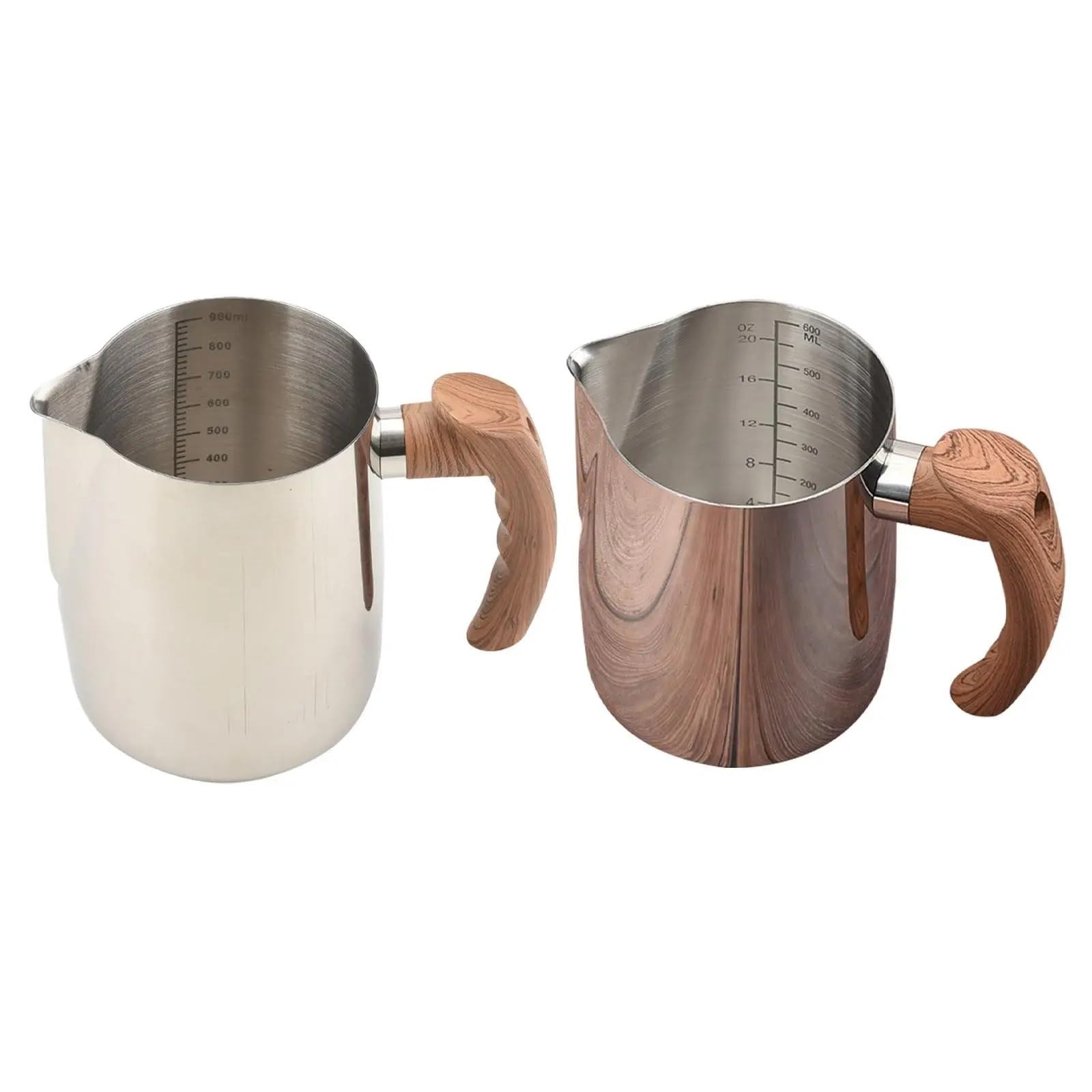 Taza for espumar leche con mango de madera, taza de vapor Barista de acero inoxidable, jarra for espumar leche, cafetera for fiesta, vacaciones, casa, 2 uds. Para café(Silver,600ml)