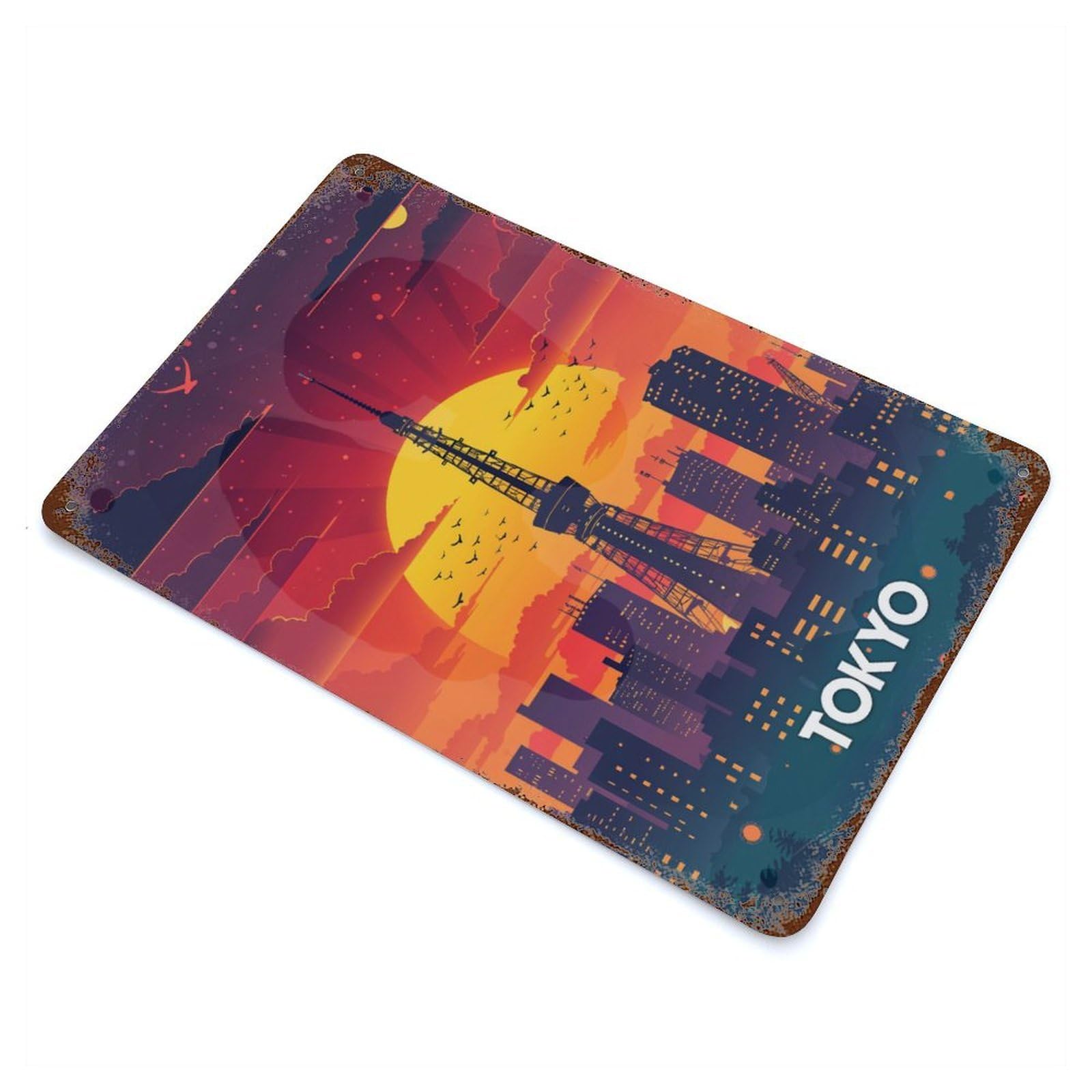 Rust Effect Tokyo Sunset Tower Rusty Metal Tin Sign 11.8"x7.9", Rustic Home Decor for Bistro, Counter And Cafe Decor
