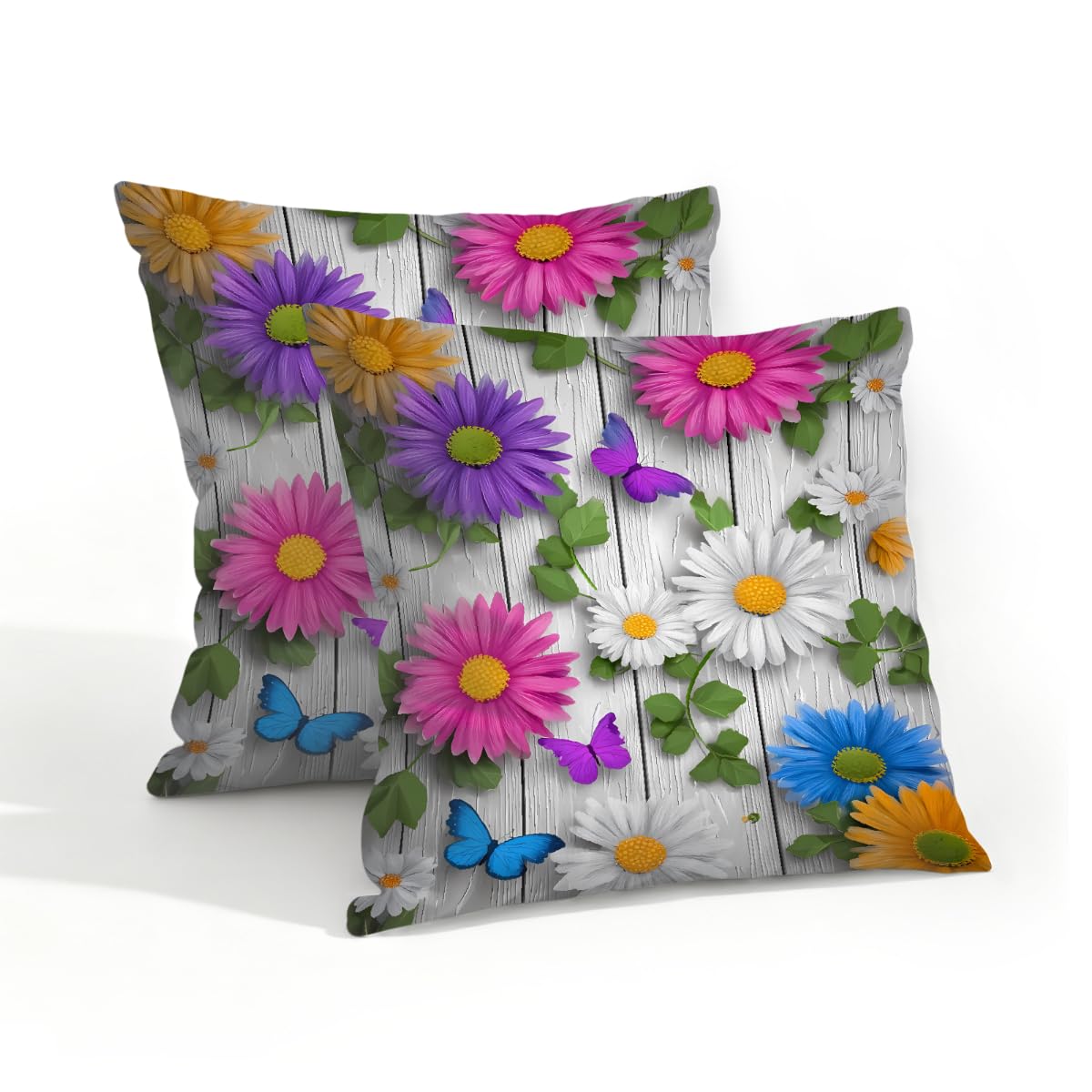 Outdoor Pillow Covers Waterproof Pillowcases 18x18in Set of 2 Spring Daisy Flower On Gray Wooden Decorative Throw Cushion Case for Couch Sofa Garden Patio Furniture