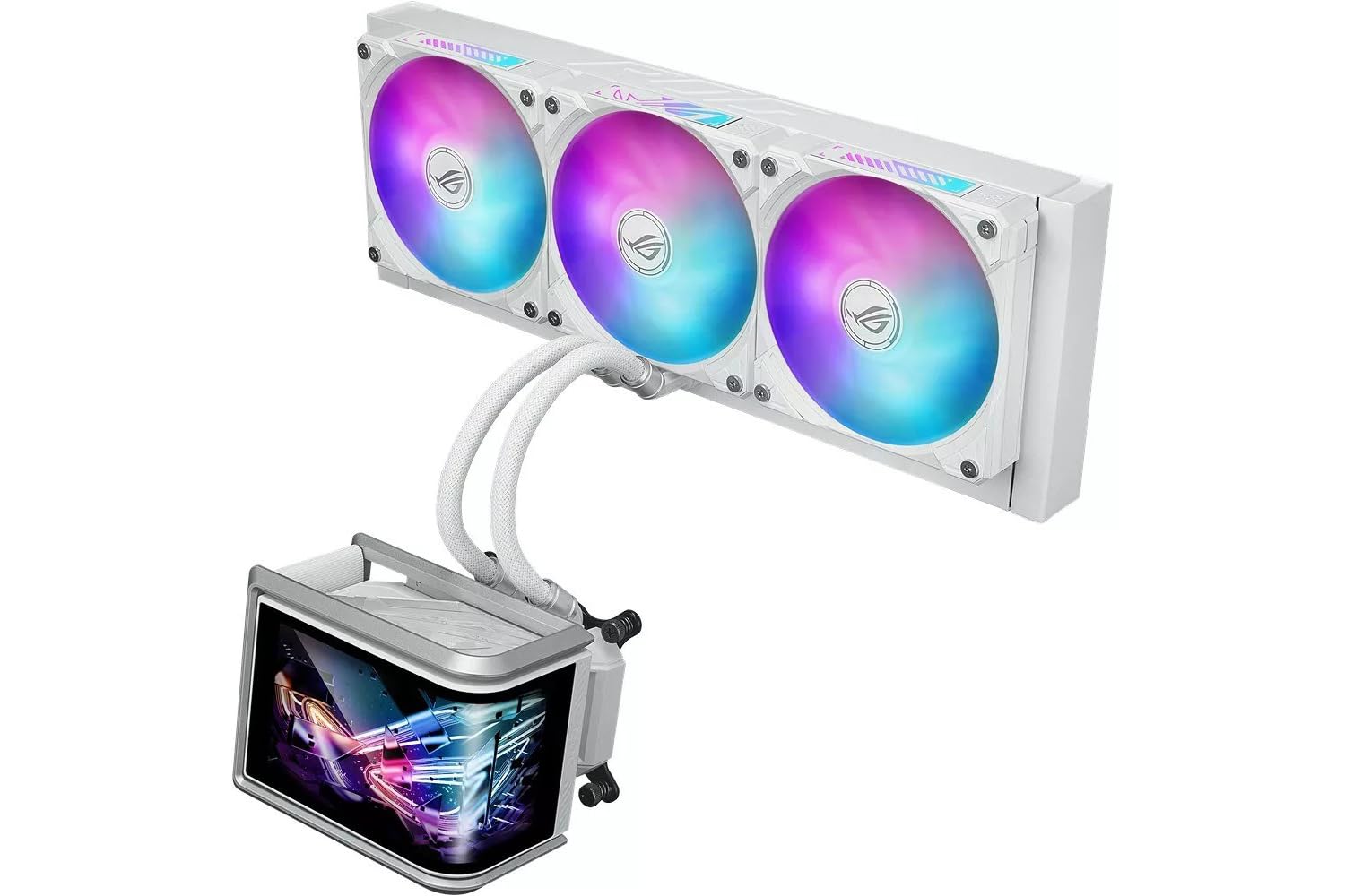 ASUS ROG RYUO IV SLC 360 ARGB - Enfriador líquido de CPU Todo en Uno (pantalla AMOLED curva de 6,67" para videos 3D, ventiladores ARGB premontados, potente bomba térmica, pasta térmica) (blanco)