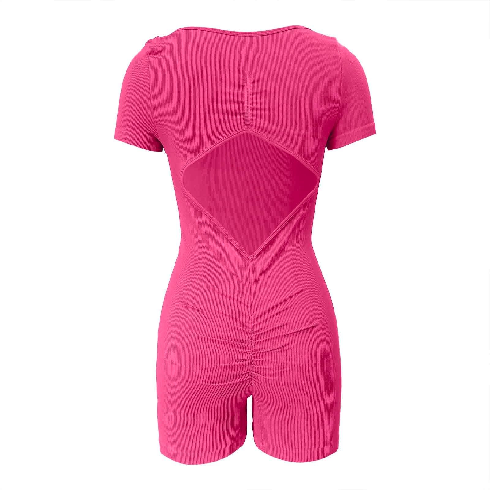 Women's Knit Jumpsuit Summer Workout Romper Round Neck Athletic Bodysuit Comfortable Yoga Outfit Casual (Red, S)