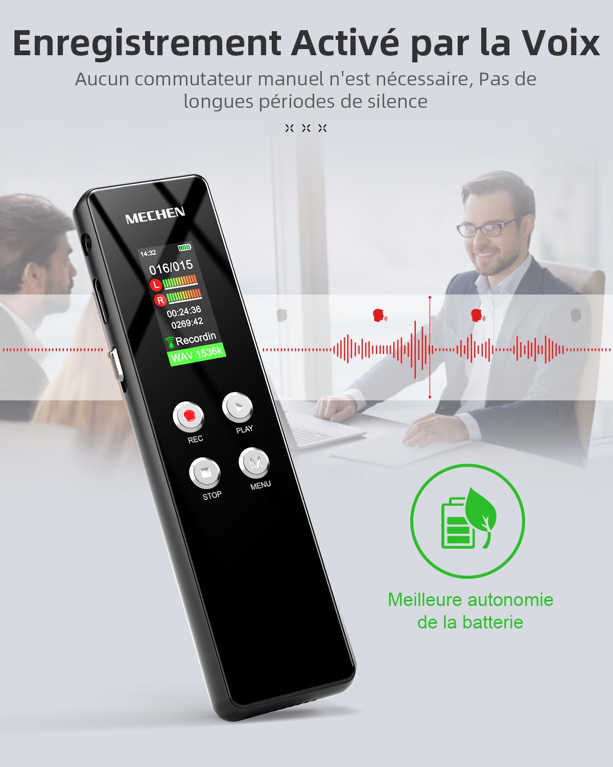 MECHEN V01 Dictaphone 128 Go enregistreur vocal VOX réduction bruit 300 mAh