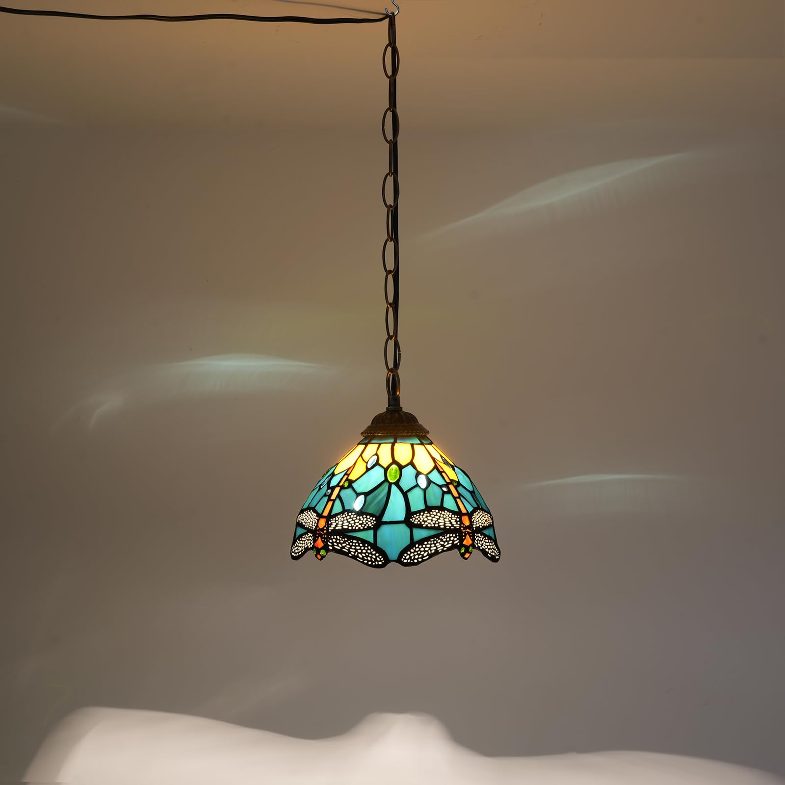 Lámpara Colgante Tiffany con Pantalla de 8 Pulgadas Estilo Libélula Verde Lámpara Colgante Artesanal de Vidriera Ajustable en Altura para Cocina Isla Comedor Pasillo