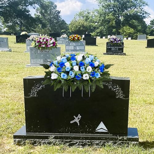 Artificial Cemetery Flowers Saddle, Grave Flowers Rose for Cemetery, Memorial Headstone Flowers Saddle for Grave Tombstone Decorations (1, Blue & White) image 7