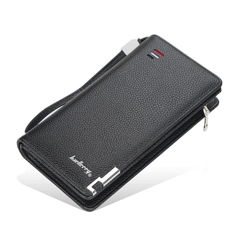 GenericMens Long Leather Cellphone Clutch Wallet Purse for Men Large Travel Business Hand Bag Cell Phone Holster Card Holder Case Gift for Father Son Husband Boyfriend (BLACK)