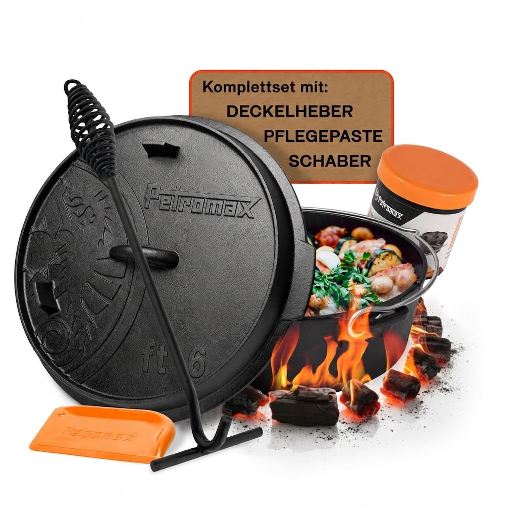 Petromax Feuertopf ft6t Einsteiger-Set - Dutch Oven mit planem Boden inklusive Deckelheber, Pflegepaste und Schaber - für alle Grillarten und offenes Feuer - 5,5 Liter