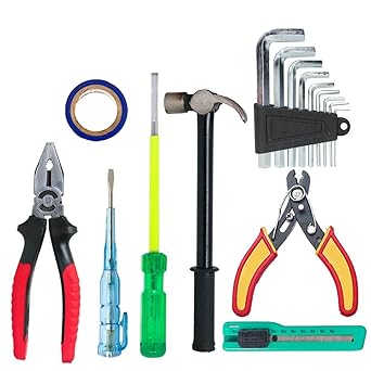 Electronic Spices Combo of 8 in One Tool Kit - 8 Inch Plier, 175mm Screwdriver, 115mm Tester, Wire Cutter, Tape, 18mm Blade Cutter, 9 Socket Wrench, and 13 Inch Claw Hammer