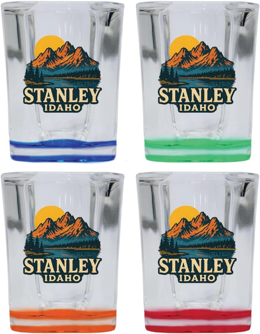 Stanley Idaho Vintage Souvenir Design 2 oz Shot Glass Square 4-Pack Multicolor