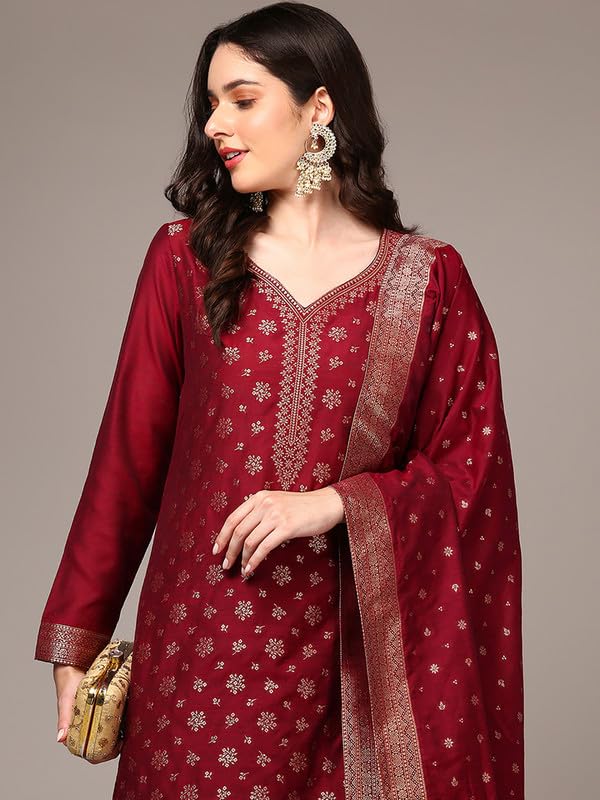 Image of Vaamsi Women's Chanderi Ethnic Motifs Woven Design Straight Kurta Pant With Dupatta With Cotton Inner