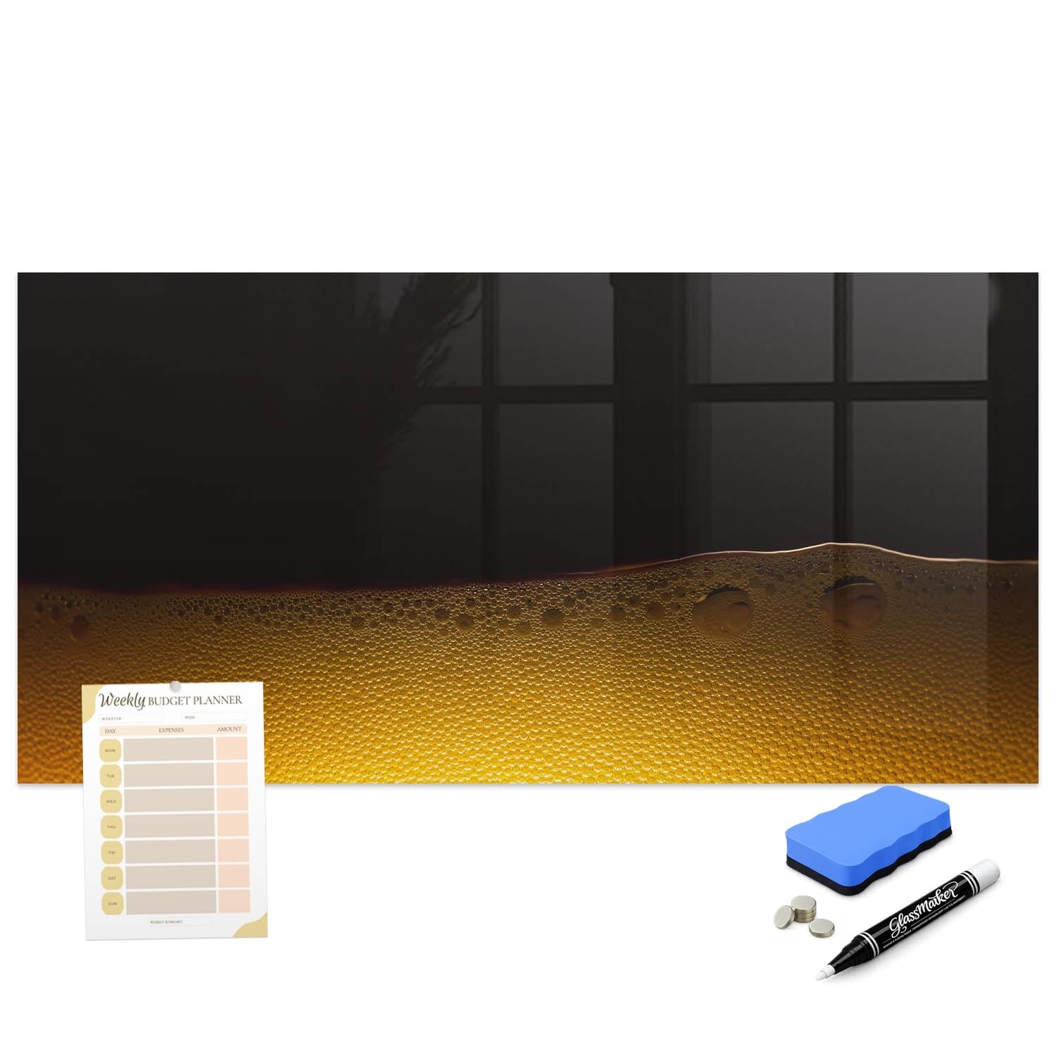 Glas-Magnettafel Mit Motiv 120x60 cm Orangensaft Weißer Stift | Neodym Magnete 5 | Schwamm | Zubehör-Set | Starke | Haftkraft | Taftel-Set | Zubehör | Marker-Set | Notiztafel