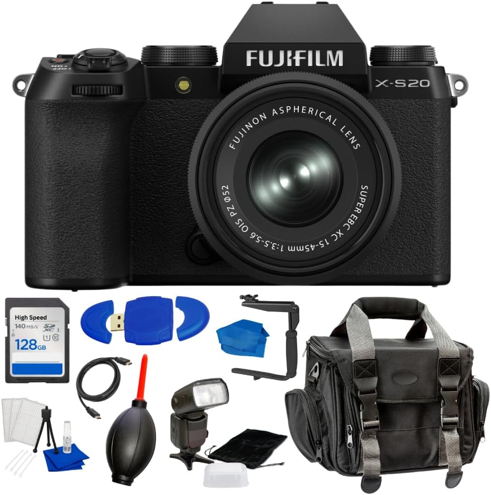 FUJIFILM X-S20 Mirrorless Camera (Black) with 15-45mm Lens Bundle | 128GB SD Card, Auto Flash LCD Slave Mode, Large Gadget Bag, 180° Flash Bracket, HDMI Cable, Cleaning Kit, Card Reader, Dust Blower