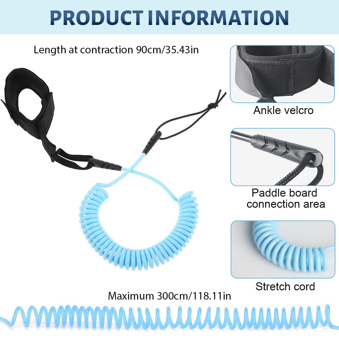 10ft SUP Guinzaglio, Lacci di Sicurezza da Surf Adulti, Guinzaglio da Surf, Spirale Leash SUP TPU, Regolabile Guinzaglio da Surf per Stand Up Paddleboard Kayak Bodyboard Longbooard