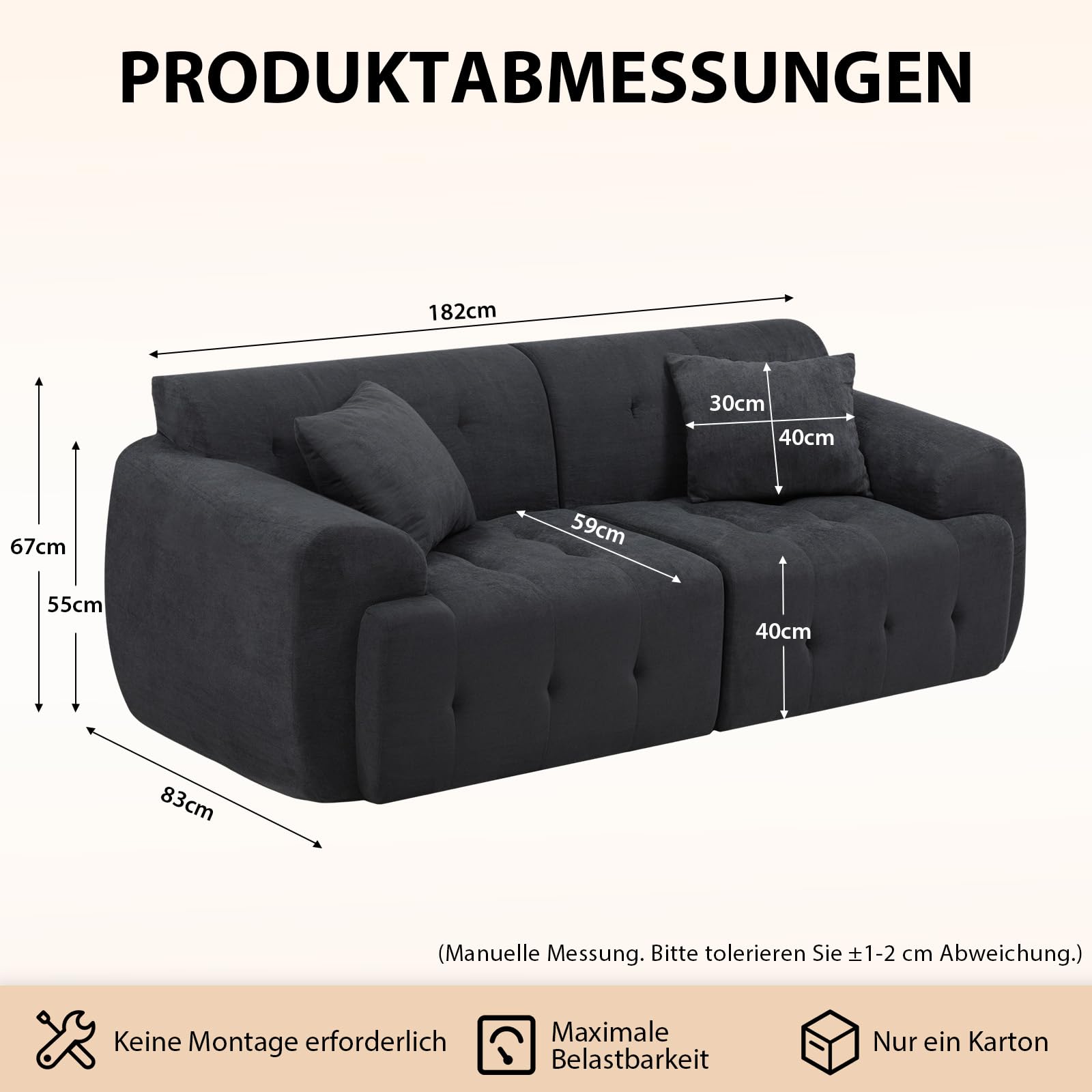 COMHOMA Sofa 2 Sitzer, 180 x 86 x 40 cm Bodensofa, Couch mit Rückenlehne, Kissen und Armlehne, Modernes Stoffsofa für Wohnzimmer, Wohnung, Büro, Keine Montage, Dunkelgrau