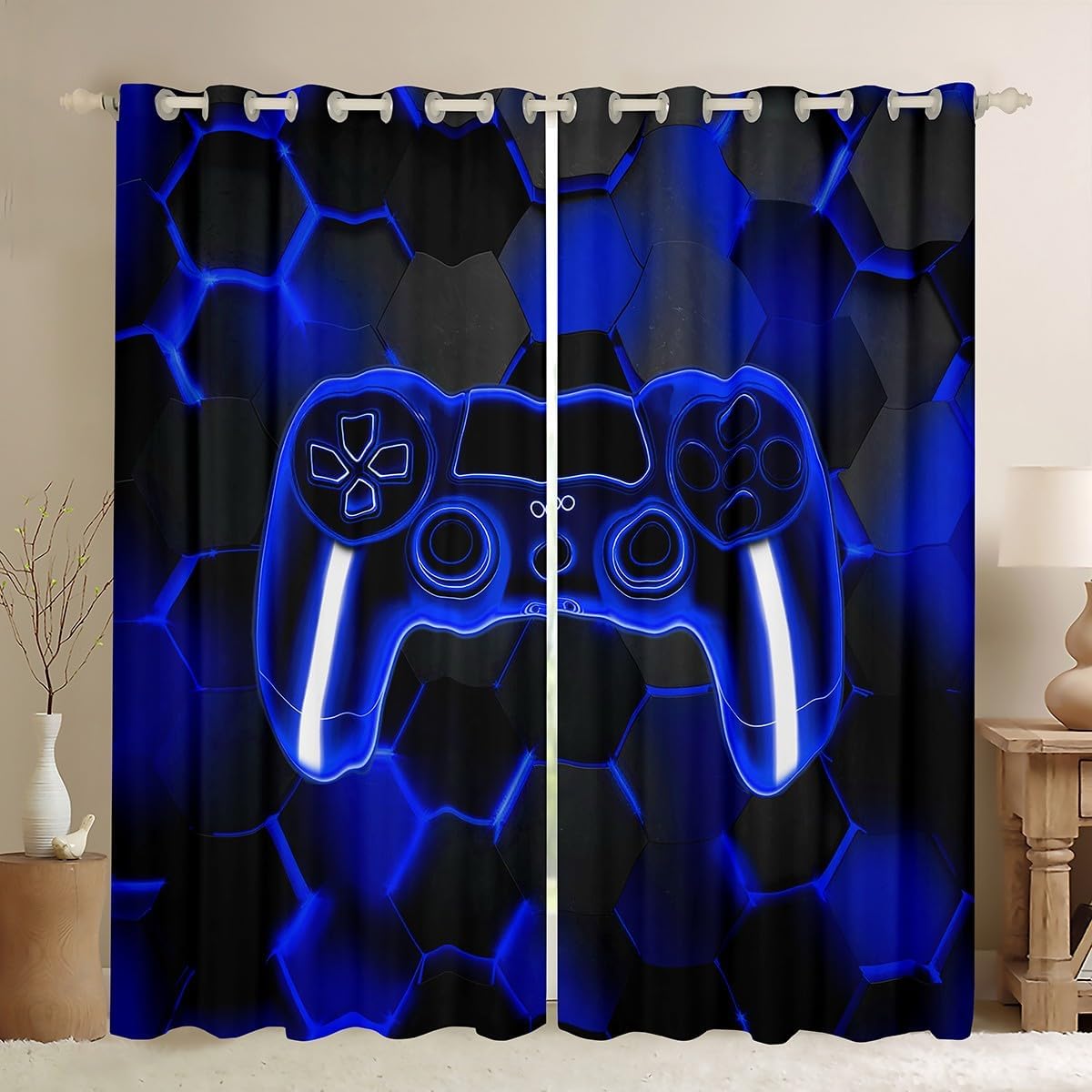 Feelyou Blue White Grey Golden Curtains for Bedroom Living Room (2 Panels, 42 x 63 Inch) Abstract Art Blackout Curtains Kids Adults Modern Striped Art Darkening Dreapes Geometric Window Treatments