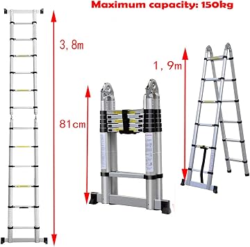 12.5FT/3.8M Aluminum Telescoping Extension Ladder Portable Multi-Purpose Folding A-Frame Ladder with Hinges(12.5ft in Straight line and 6.25ft in A-Frame), EN131 Standard
