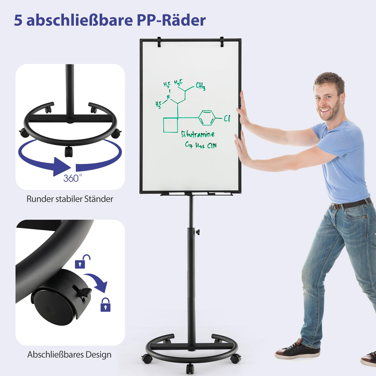 GOPLUS Flipchart Ständer, 100 x 65cm mobiles Whiteboard auf Rollen, Trocken asbwischbar, Flipcharts Whiteboard höhenverstellbar mit Rundfuß, Haken, Marker, Magneten, Papier, Radiergummi (Schwarz)