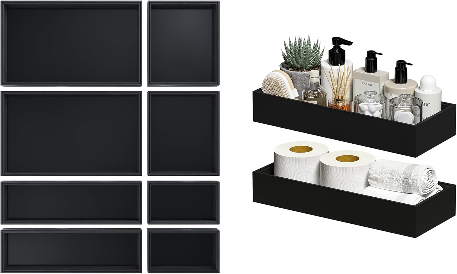 Black Silverware Organizer Small, 8 PCS Black Drawer Organizers, Stackable Tool Box Organizer for Garage Organization / 2 PCS Kitchen Drawer Organizer Bins, Black Bamboo Drawer Organizer 15 x 6 Inch