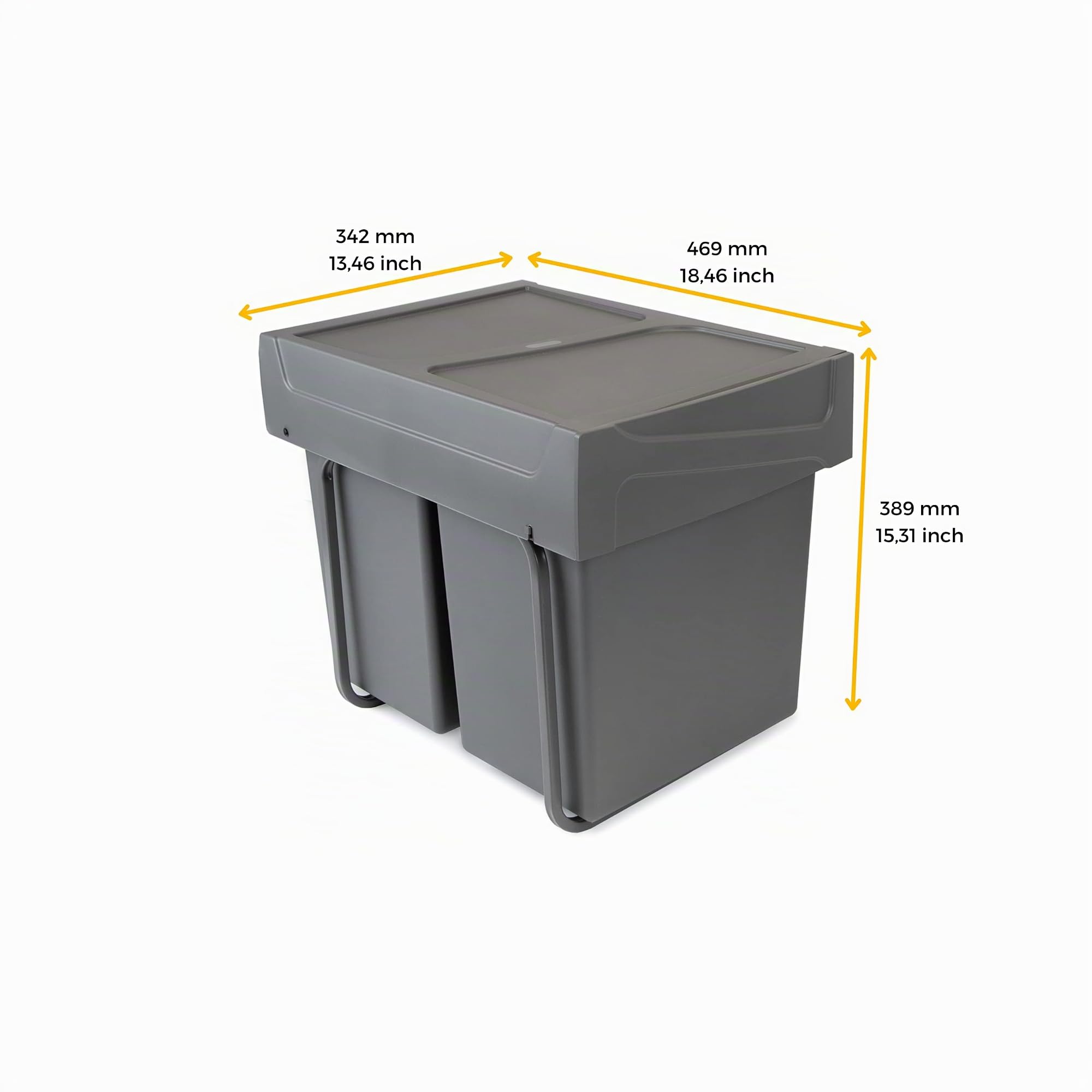 Emuca - Contenitori per rifiuti con Fissaggio Inferiore per Cucina, 2 pattumiere per Raccolta differenziata Estraibili da 20L, capacità Totale 40 L (2 x 20 L), Acciaio e plastica, Grigio Antracite.